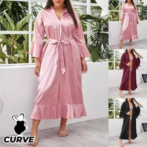 Plus Size Curvy Women Satin Silk Sexy Bride Long Kimono Robe Night Dress Gown - Picture 1 of 15