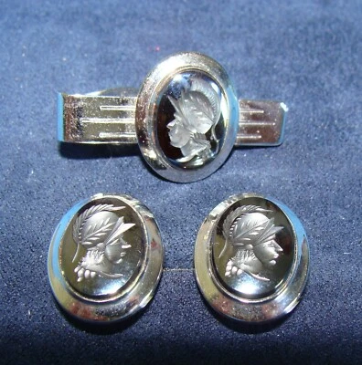 Juego de gemelos y broches de barra de corbata vintage Simmons de plata de ley romana Foto 1 de 4