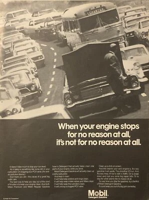Detergente móvil 1968 gasolina anuncio impreso atasco de tráfico falla del motor de colección años 60 capó Foto 1 de 4