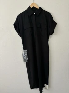 NWT Black Dress Small Oversized Short Sleeve Button Up Pockets Career Midi Belt - Picture 1 of 10