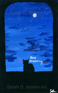 4x6in Giclée Print Of Painting Black Cat Pet Fantasy Naïve Art Gift Decor Signed - Picture 1 of 2