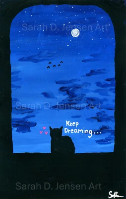 Impressão giclée 4x6 polegadas de pintura gato preto animal de estimação fantasia arte ingênua decoração presente assinado - Imagem 1 de 2