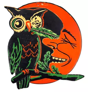 vtg 1930s Beistle Halloween Winking Owl on Moon Die Cut Embossed DEEP - Picture 1 of 7