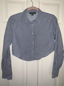Primark Blue Cropped Pinstripe Cotton Shirt Size UK 10 - Picture 1 of 5