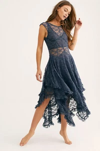 Free People Intimately French Courtship Slip Dress XS Gray Lace Layered Sheer - Picture 1 of 12