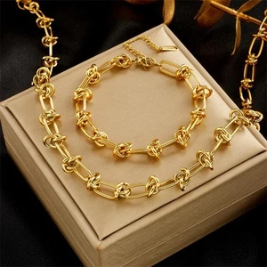 316l Stainless Steel Gold Silver Twist Knot Necklace Bracelet Set Women Gift - Picture 1 of 30