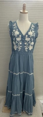 Lucky Brand Women Blue Midi Floral Embroidered Tiered Ruffle Peasant Dress Large - Image 1 of 4