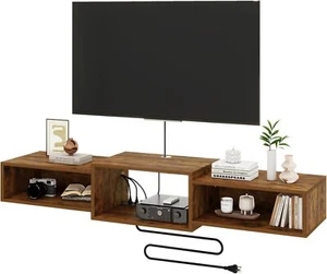 Floating TV Stand Wall Mounted with Power Outlet,Wood Wall Media Console Shelf - Picture 1 of 7