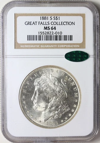 1881 S Morgan Silver Dollar NGC MS64 CAC, Great Falls Collection Cover