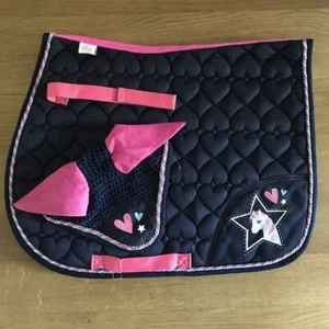 Matchy Set, Saddle Pad & Fly Veil, PONY/ COB, Navy Pink Hearts, FREE UK Postage - Picture 1 of 4