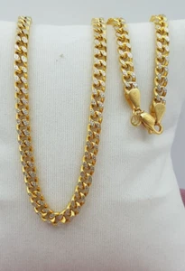 Flexible 22K Gold Chain Necklace With Rhodium Cuban Link Solid Plain Yellow Gold - Picture 1 of 16