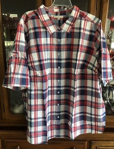 Woman Within Shirt Womens 4X Red White Blue Plaid Cotton Button S/S Roll Tab NEW - Picture 1 of 15