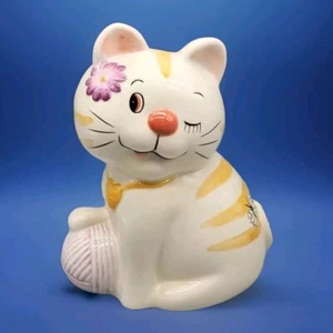 Ceramic Winking Striped Cat Piggy Bank Kitty Kitten Flower Yarn 6.5" Tall - Picture 1 of 7