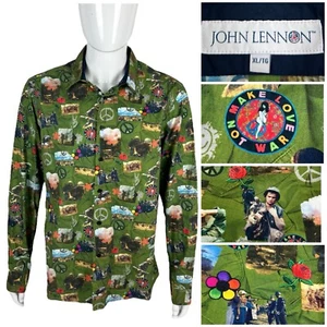 John Lennon Mens XL Shirt Green Make Love Not War Button Up Long Sleeve Hippie - Picture 1 of 12