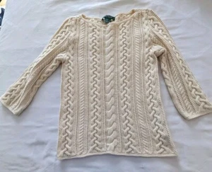 Ralph Lauren Vintage Cableknit Sweater Fisherman Cotton Medium Petite Beige - Picture 1 of 10