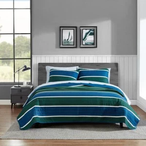 Nautica Quilt Set 104"x96" Indoor Cotton King Casual Modern Navy Striped 3-Piece - Picture 1 of 6