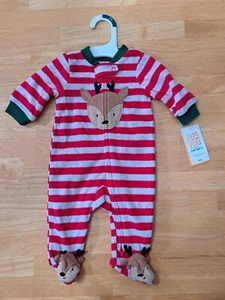 Carter's Striped Christmas Reindeer Fleece PJ's Sleeper Outfit Size 3 Months NWT - Picture 1 of 8