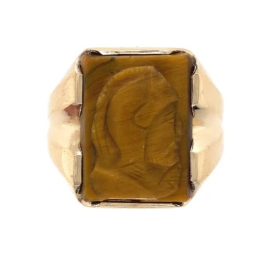 Anillo camafeo guerrero ojo de tigre natural genuino de oro amarillo de 10k para hombre (#J6132) Foto 1 de 4