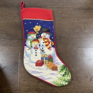 Needlepoint Christmas Wool And Velvet Snowmen Stocking - Picture 1 of 4