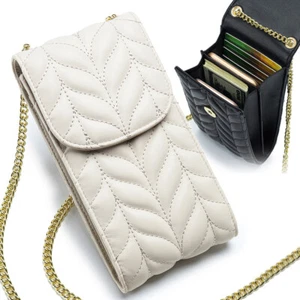 Soft Genuine Leather Mini Crossbody Bag Gold Chain Phone Wallet with Card Slots - Picture 1 of 25
