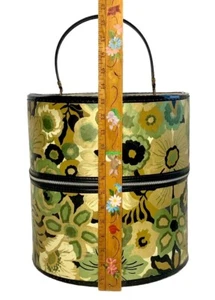 VTG MCM 1960s Flower Power MOD Wig Case Travel Hat Box Zipper Green Large 13.5” - Picture 1 of 8