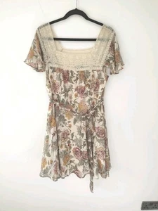 Asos Womens Beige Green Retro Laced Neck Short Dress Size 14 boho Casual Summer - Picture 1 of 11