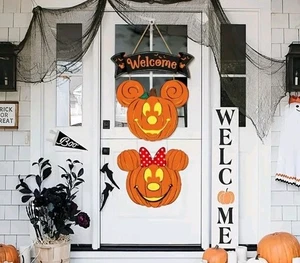 New  -  Mickey Mouse  & Minnie Halloween Welcome Door Sign - Bild 1 von 5