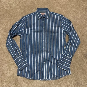 Thomas Pink Shirt Mens 15.5 Slim Fit Blue White Striped Button Down Long Sleeve - Picture 1 of 5