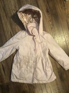 London Fog Kids Jacket 5 Pink Fleece Lined With Hood Flower Buttons and Bow - Picture 1 of 6