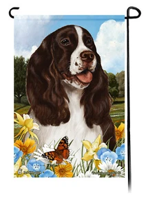Gartenflagge Sommerblumen - Leber und weißer English Springer Spaniel - Bild 1 von 1