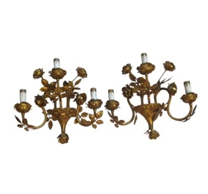 Set Of 2 Vintage Metal Candle Wall Sconce Hollywood Regency Gold 3 Arm Roses - Picture 1 of 20