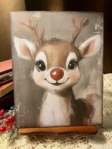 Rudolph Red Nosed Reindeer, Cute Christmas, Handcrafted Canvas Sign #2 - Picture 1 of 3