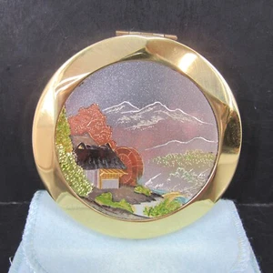 Vintage Women's Powder Compact with Powder Puff Gold Tone Cabin Waterwheel Scene - Picture 1 of 8