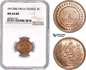 AD241, Tunisia, 2 Centimes AH1308 / 1891-A, Paris, NGC MS64RB, Pop 3/3 - Picture 1 of 1