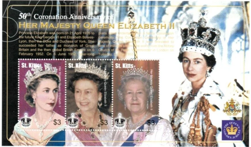 Saint Kitts 2003 - Reina Isabel II - Hoja de 3 estampillas - Scott #562 - MNH Foto 1 de 1