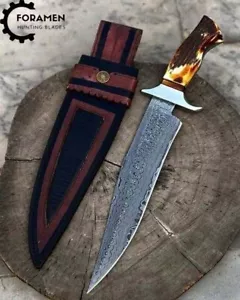 Hand Made Damascus Steel Full Tang Battle Ready Hunting Bowie Stag Antler Knife - Picture 1 of 1