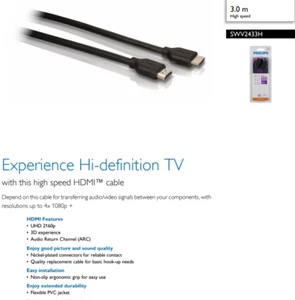 Philips Swv2433h/10 Câble HDMI 1.4 Full HD 3D. Haute Vitesse - 3 Mètres - Photo 1/3