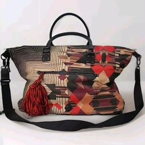 Rafe Weekender Tote Bag Woven Cotton w/ Leather Accents Killum Style Geometric - Picture 1 of 22