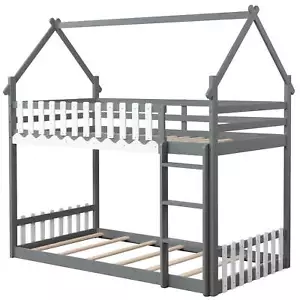 Twin Over Twin Bunk Bed with Fence & Ladder Solid Wood Floor Bunk Bed for Kids - Picture 1 of 10