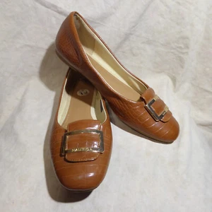 🩰 Nautica Ballet Flats sz 10 M Cognac Brown Reptile Leatherette; Buckle Details - Picture 1 of 16