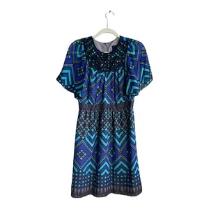 ANNA SUI Women's Blue Green Black 100% Silk S/s Print Dress Sz 6 - Picture 1 of 8