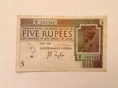 - British India Five 5  Rupees George V 1917 - 1930 P 4b J.B. Taylor - Image 1 of 2