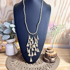 Eklektisch 30" Halskette Böhmische Quaste Holz Perlen Neutral Hellbraun Tropisch Urlaub - Bild 1 von 7