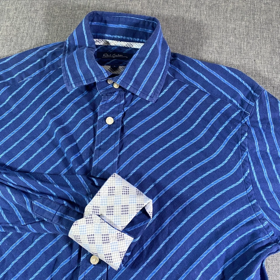Рубашка на пуговицах мужская Robert Graham синяя в полоску размер L с откидными манжетами контрастная отделка - Изображение 1 из 4
