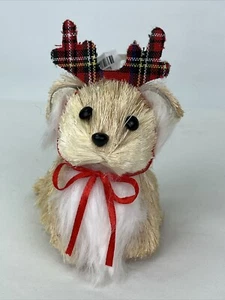 Pier 1 Rustic Bristle Brush Puppy Dog Wearing Antlers Ornament NWT - Picture 1 of 8