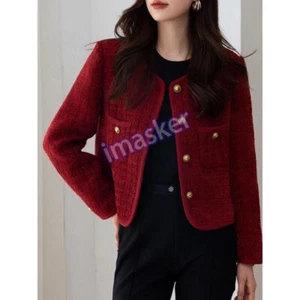 Burgundy Jacket Women's Short French Jacket Wool Blended Lady Top - Picture 1 of 27