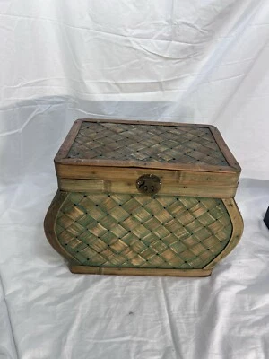 Baúl de almacenamiento tejido ratán mimbre madera bisagra rústica estilo vintage 10x14x8 Foto 1 de 4