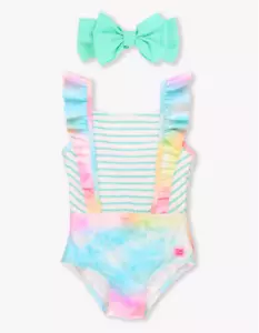 Rufflebutts Rainbow Baby Girl One Piece Ombre Swimsuit Headband 3-6 Months - Picture 1 of 2