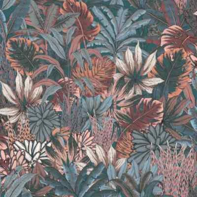 Papel pintado de lujo metálico Muriva Lush Forest verde azulado y rosa 205501 Foto 1 de 3