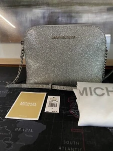NWT Michael Kors CINDY Lg Dome Crossbody Saffiano Leather LUGGAGE Silver - Picture 1 of 17
